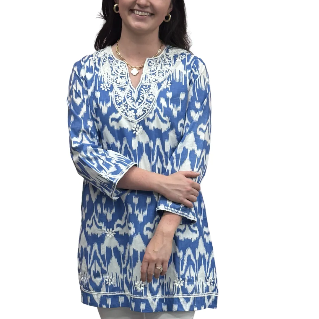 The Key Largo Embroidered Tunic in Blue and White Ikat