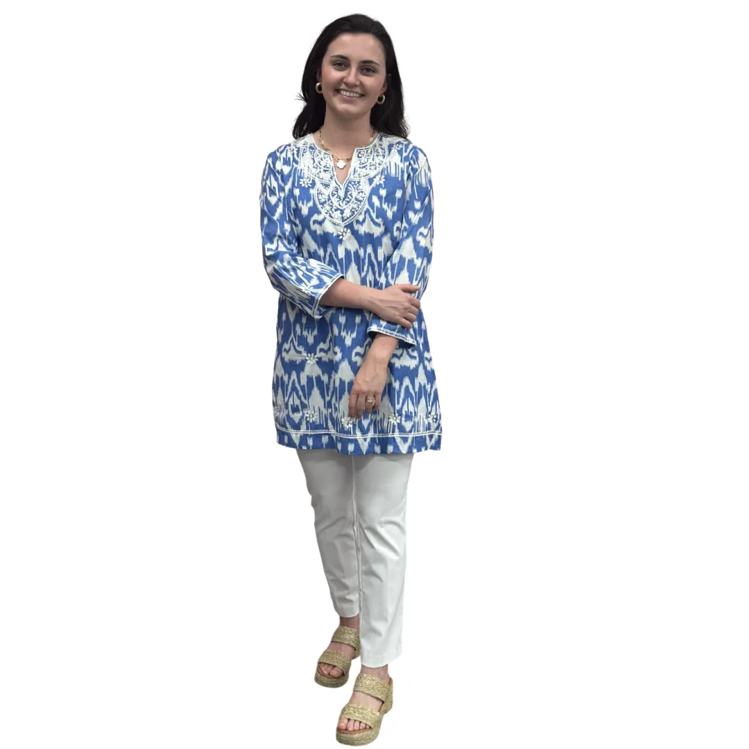 The Key Largo Embroidered Tunic in Blue and White Ikat