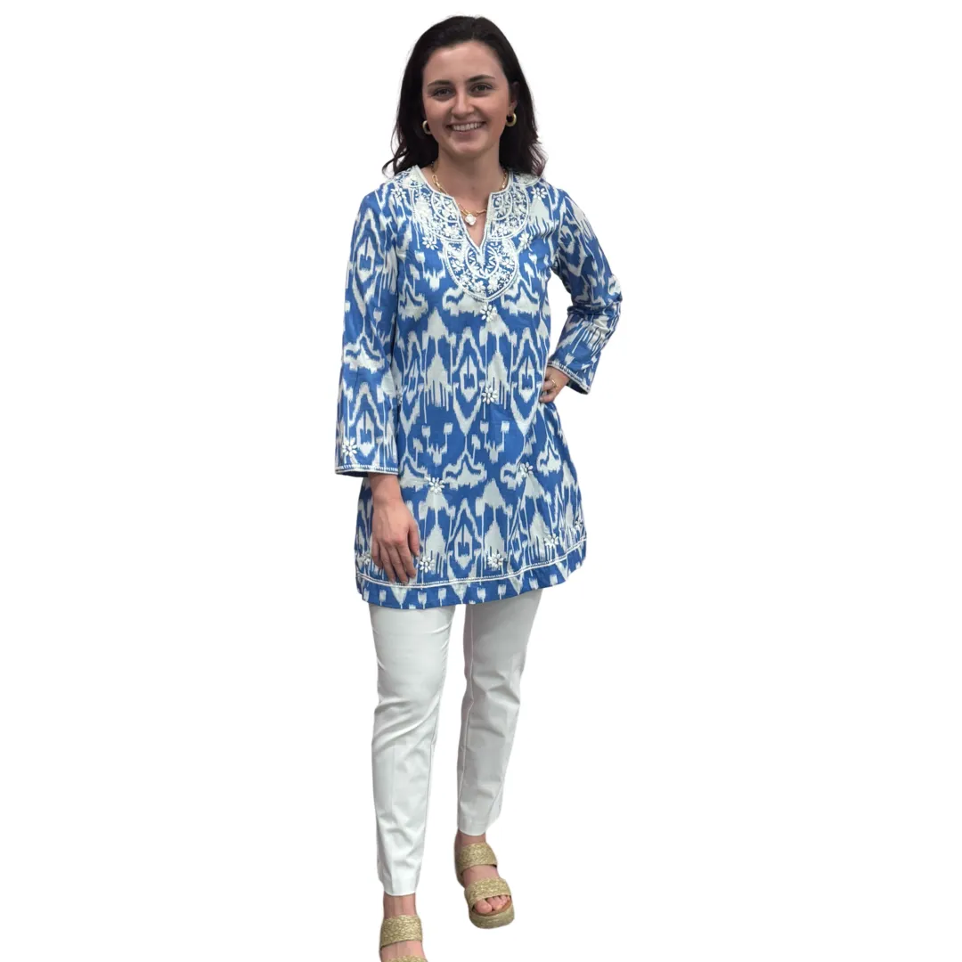 The Key Largo Embroidered Tunic in Blue and White Ikat