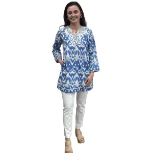 The Key Largo Embroidered Tunic in Blue and White Ikat