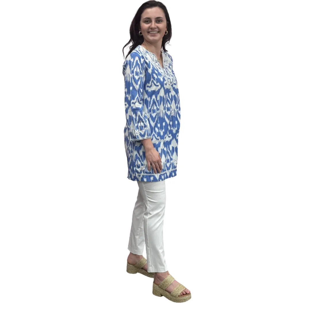 The Key Largo Embroidered Tunic in Blue and White Ikat