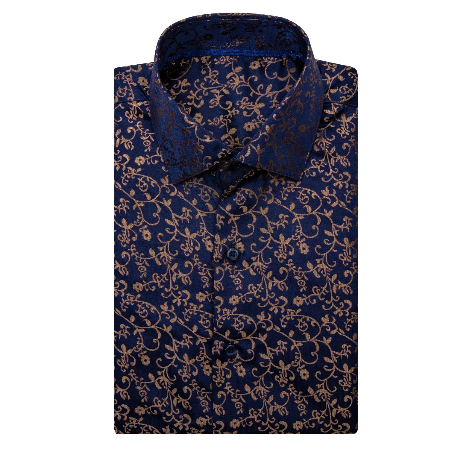 Ties2you Classic Navy BLue Golden Floral Silk Men's Shirt