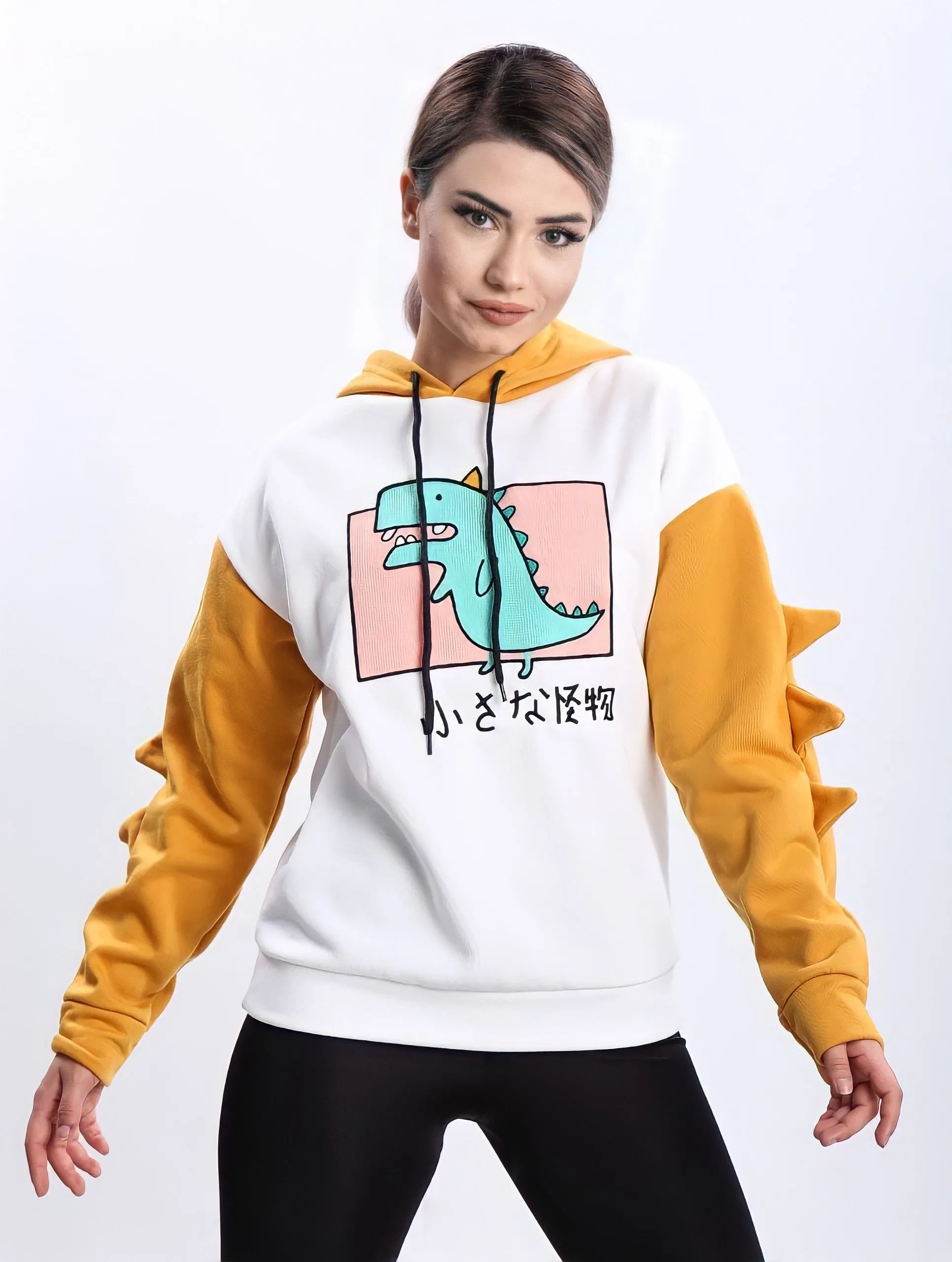 Turkish Dinosaur Cartoon Hoodie Women Fashion Sweatshirt - Yellow