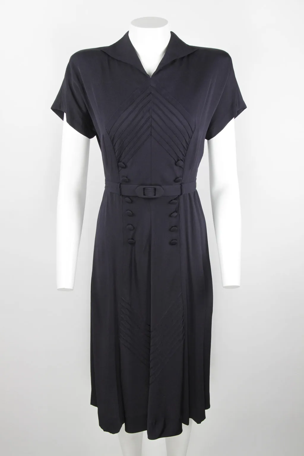 Vintage 1930s/40s dress - Black with chevron stitch and button details - S