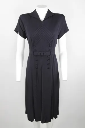 Vintage 1930s/40s dress - Black with chevron stitch and button details - S