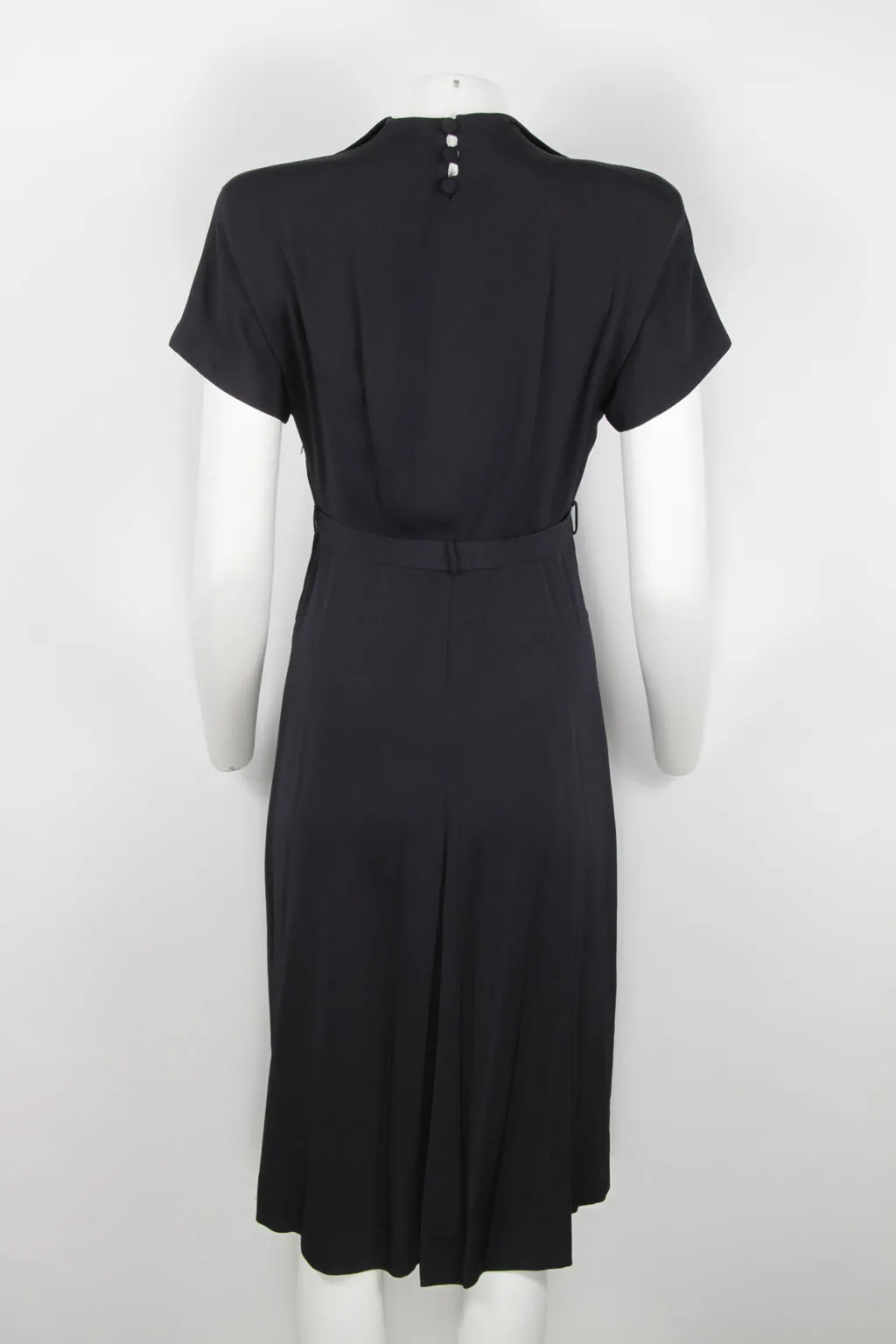 Vintage 1930s/40s dress - Black with chevron stitch and button details - S