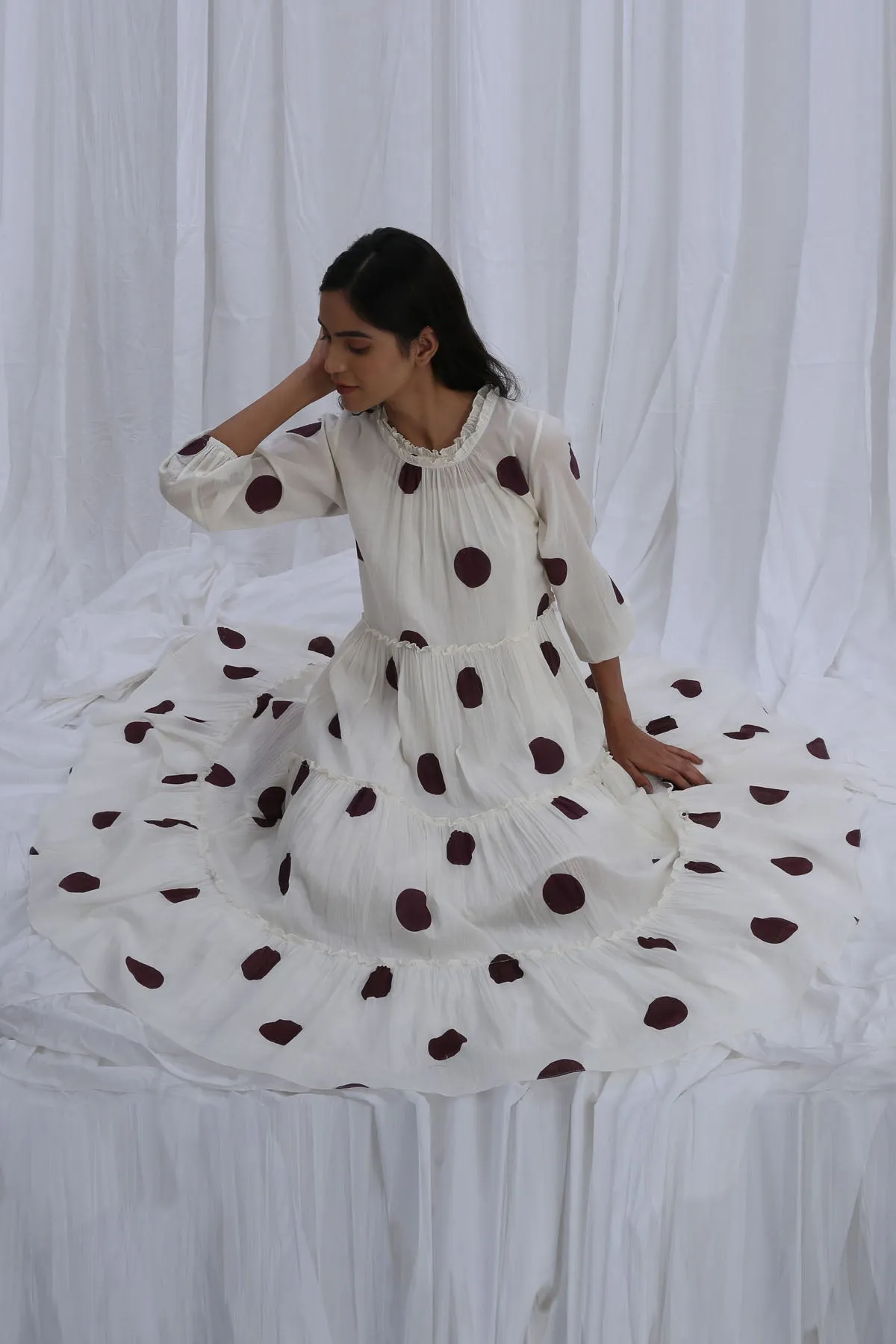 White Polka Print Frill Dress