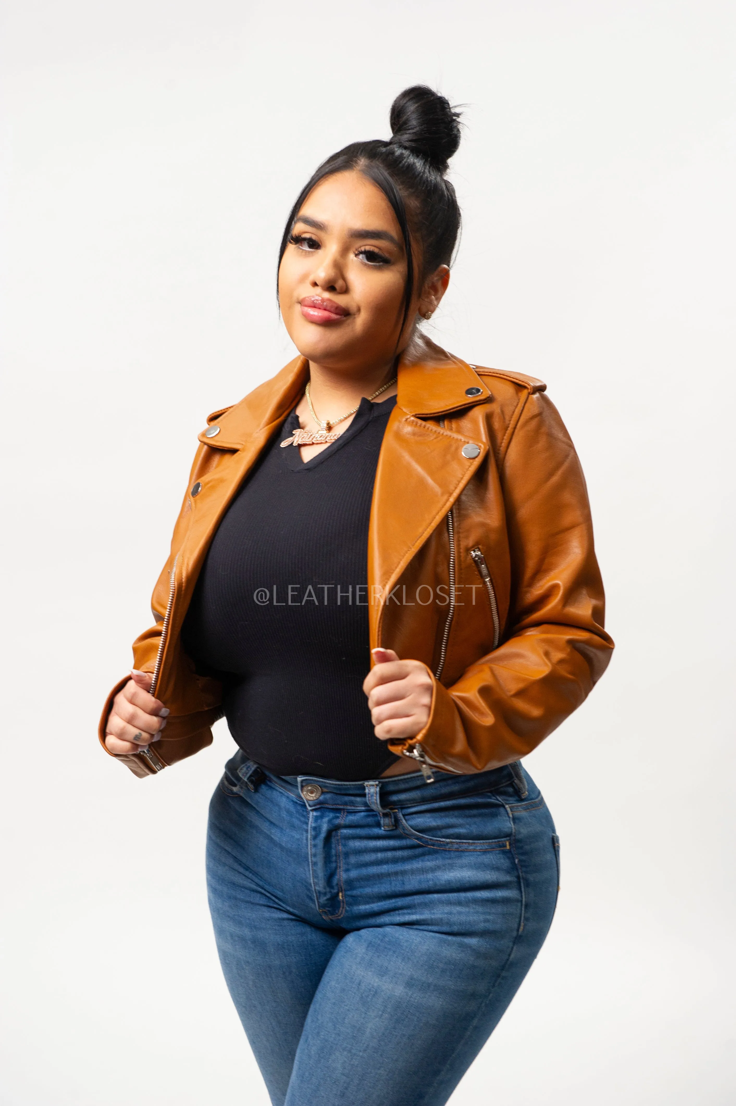 Women's Classic Crop Biker Saddle Brown [SLIM FIT]