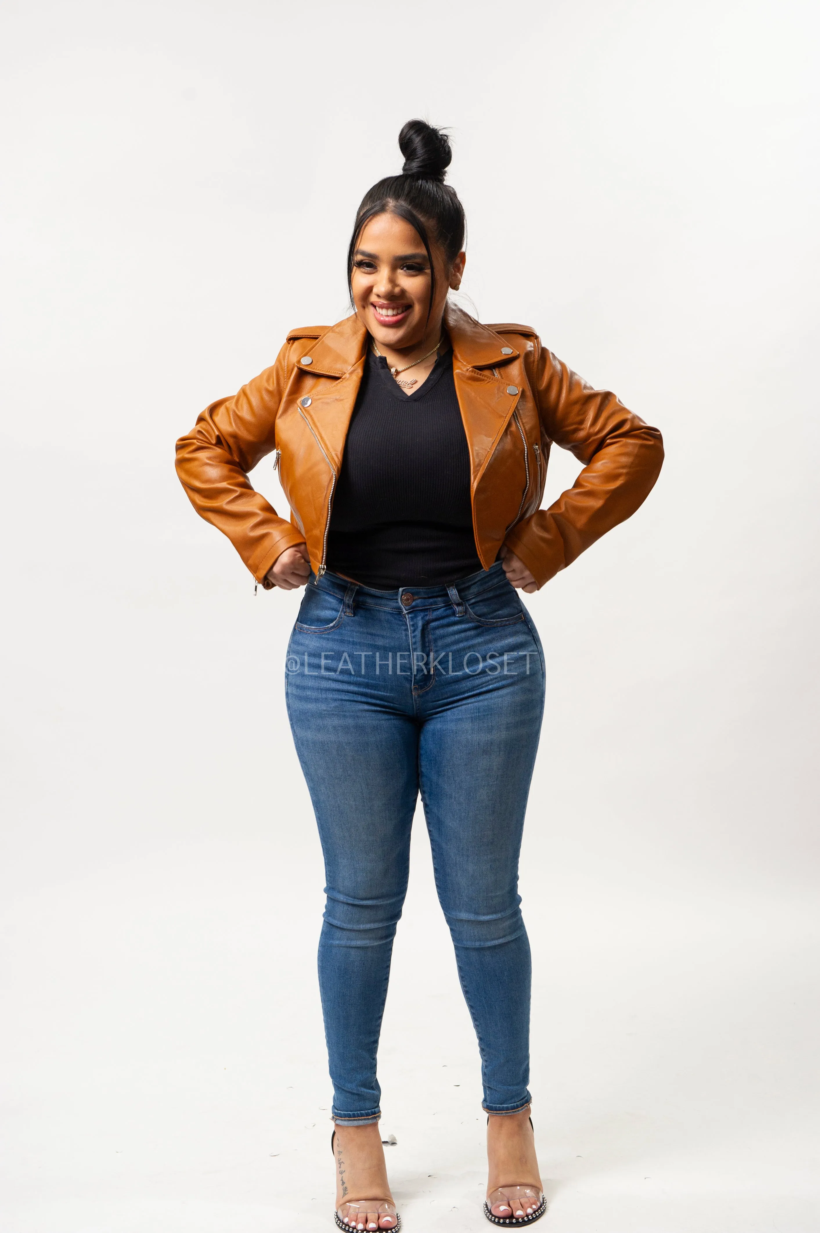 Women's Classic Crop Biker Saddle Brown [SLIM FIT]