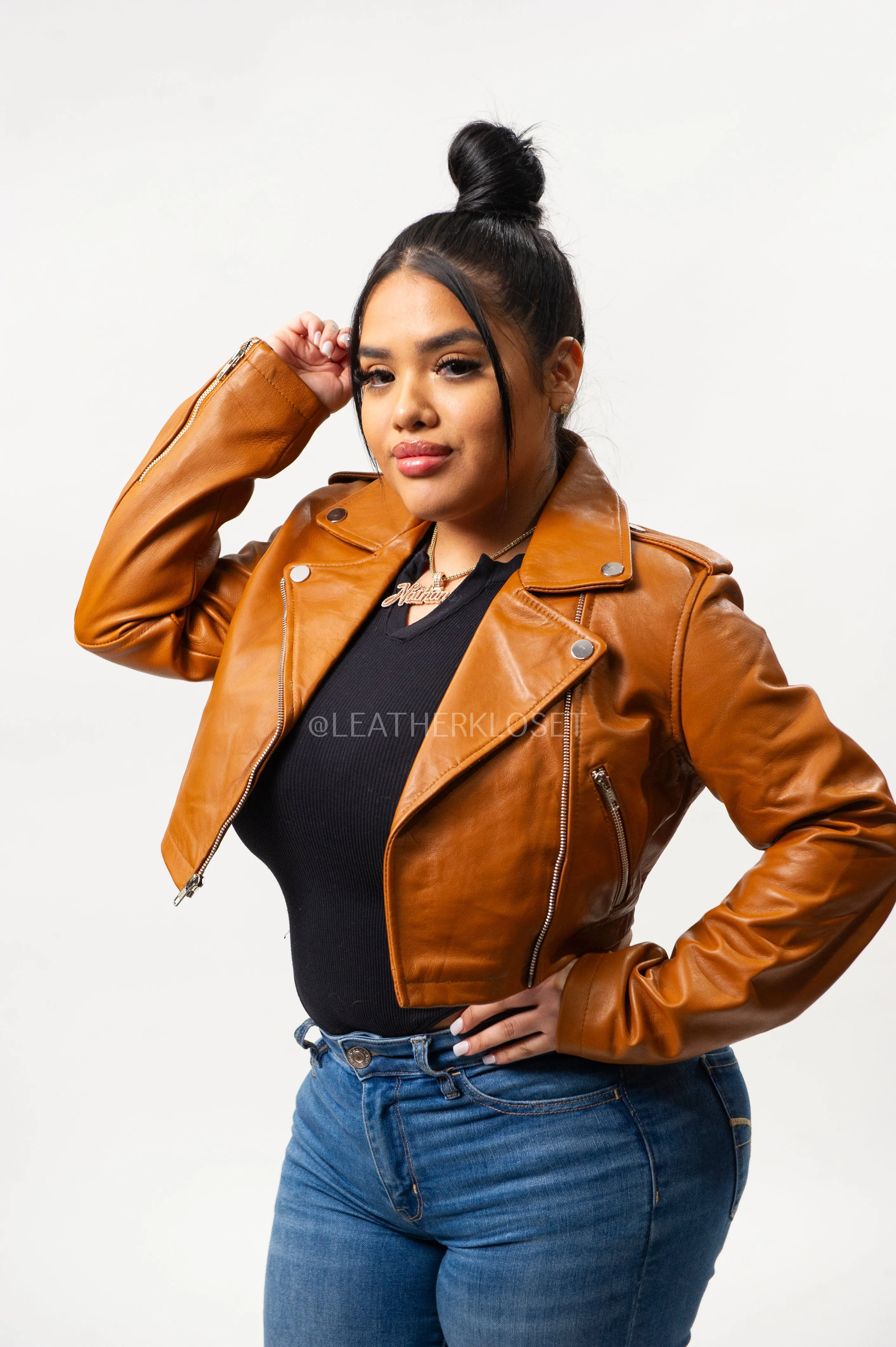 Women's Classic Crop Biker Saddle Brown [SLIM FIT]