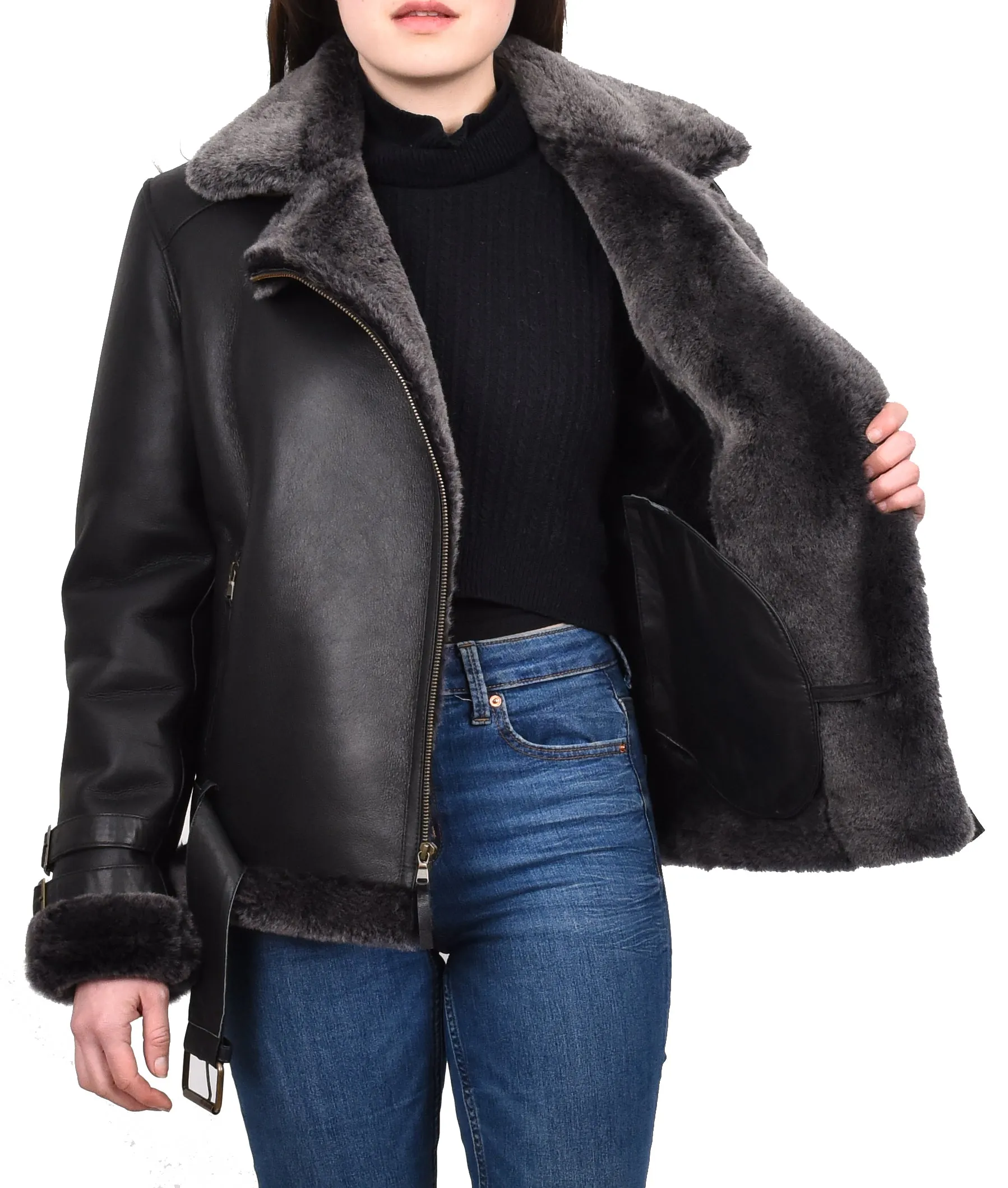 Women's Real Sheepskin Italian Classic Aviator Jacket Black Hedda