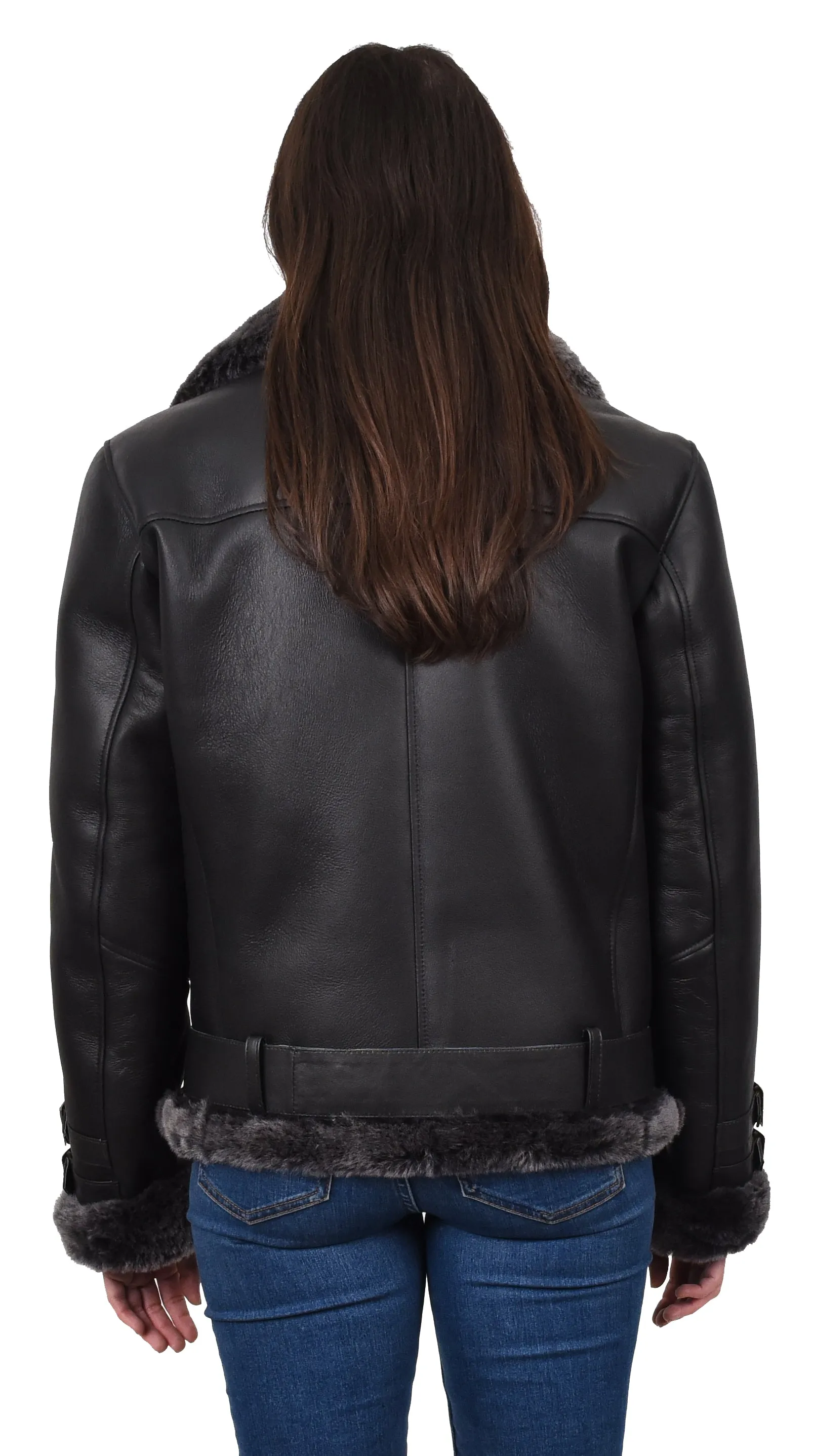 Women's Real Sheepskin Italian Classic Aviator Jacket Black Hedda