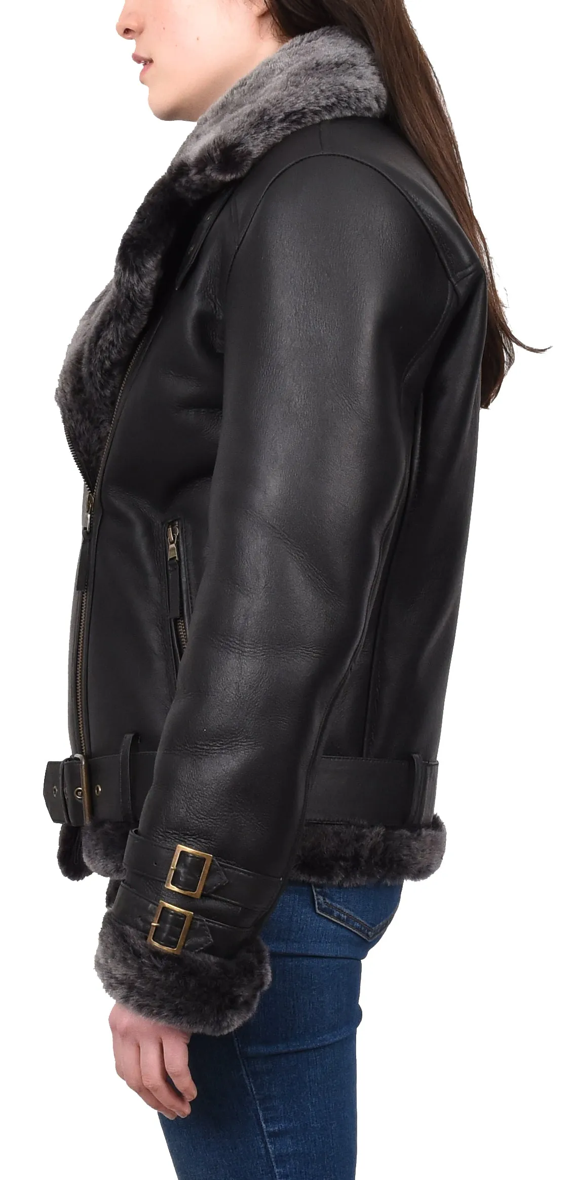 Women's Real Sheepskin Italian Classic Aviator Jacket Black Hedda