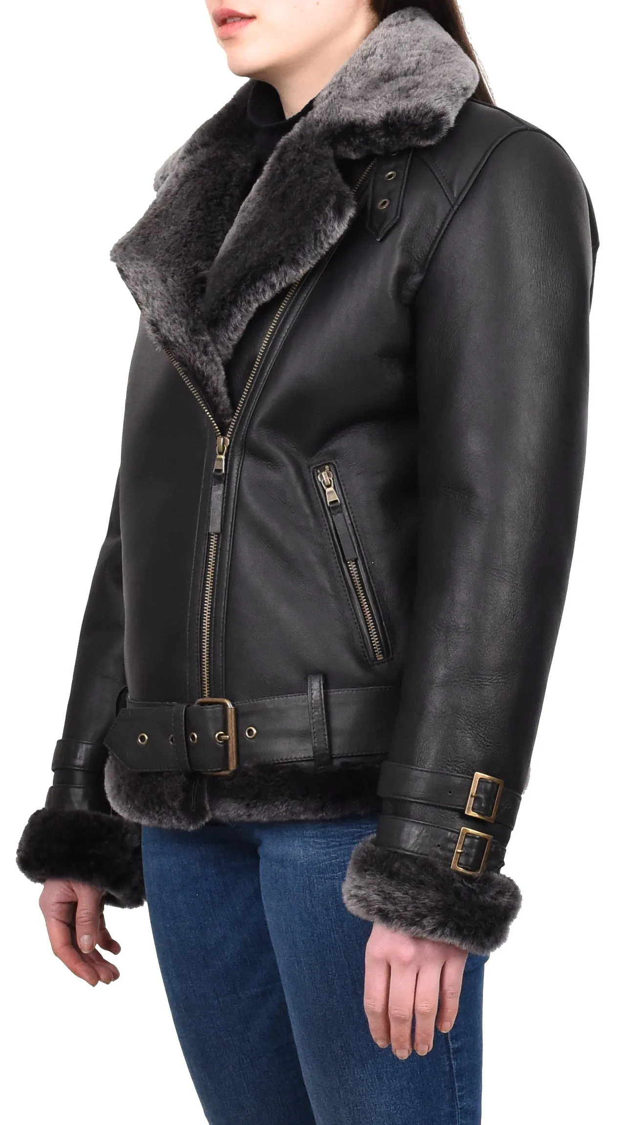 Women's Real Sheepskin Italian Classic Aviator Jacket Black Hedda