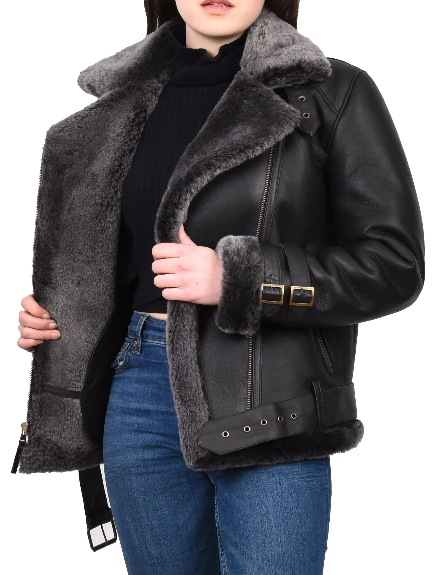 Women's Real Sheepskin Italian Classic Aviator Jacket Black Hedda