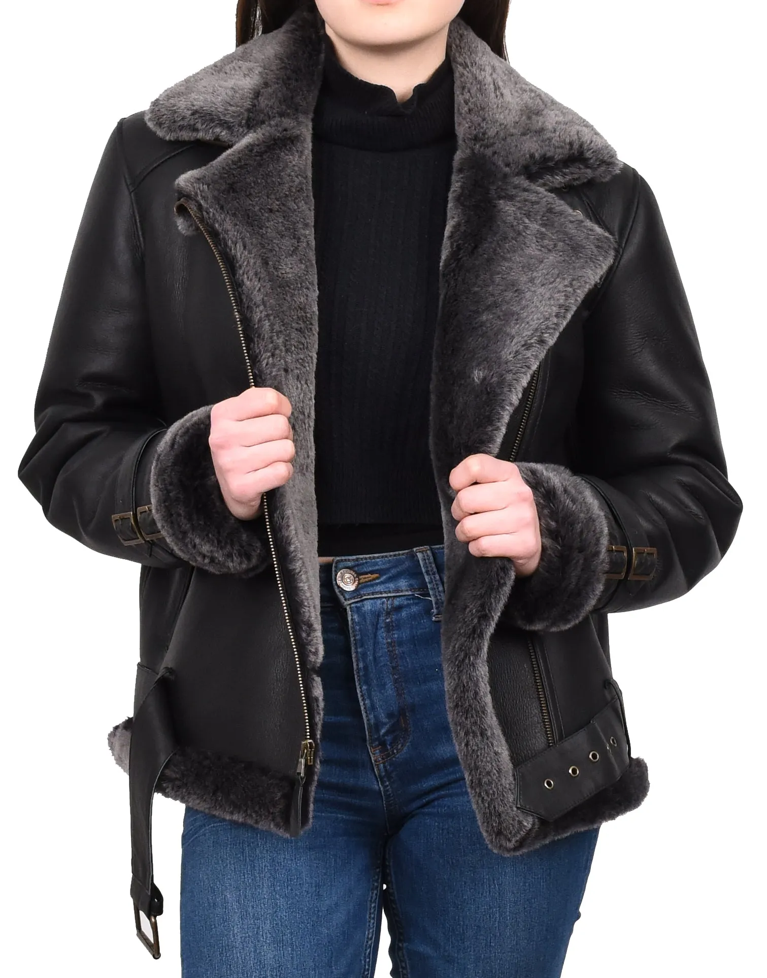 Women's Real Sheepskin Italian Classic Aviator Jacket Black Hedda