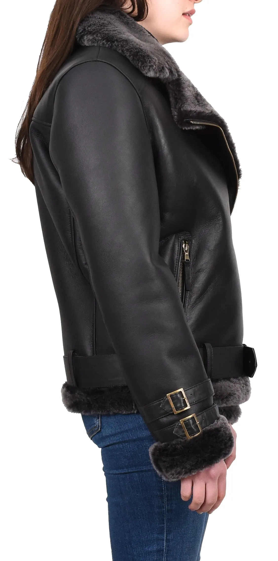 Women's Real Sheepskin Italian Classic Aviator Jacket Black Hedda