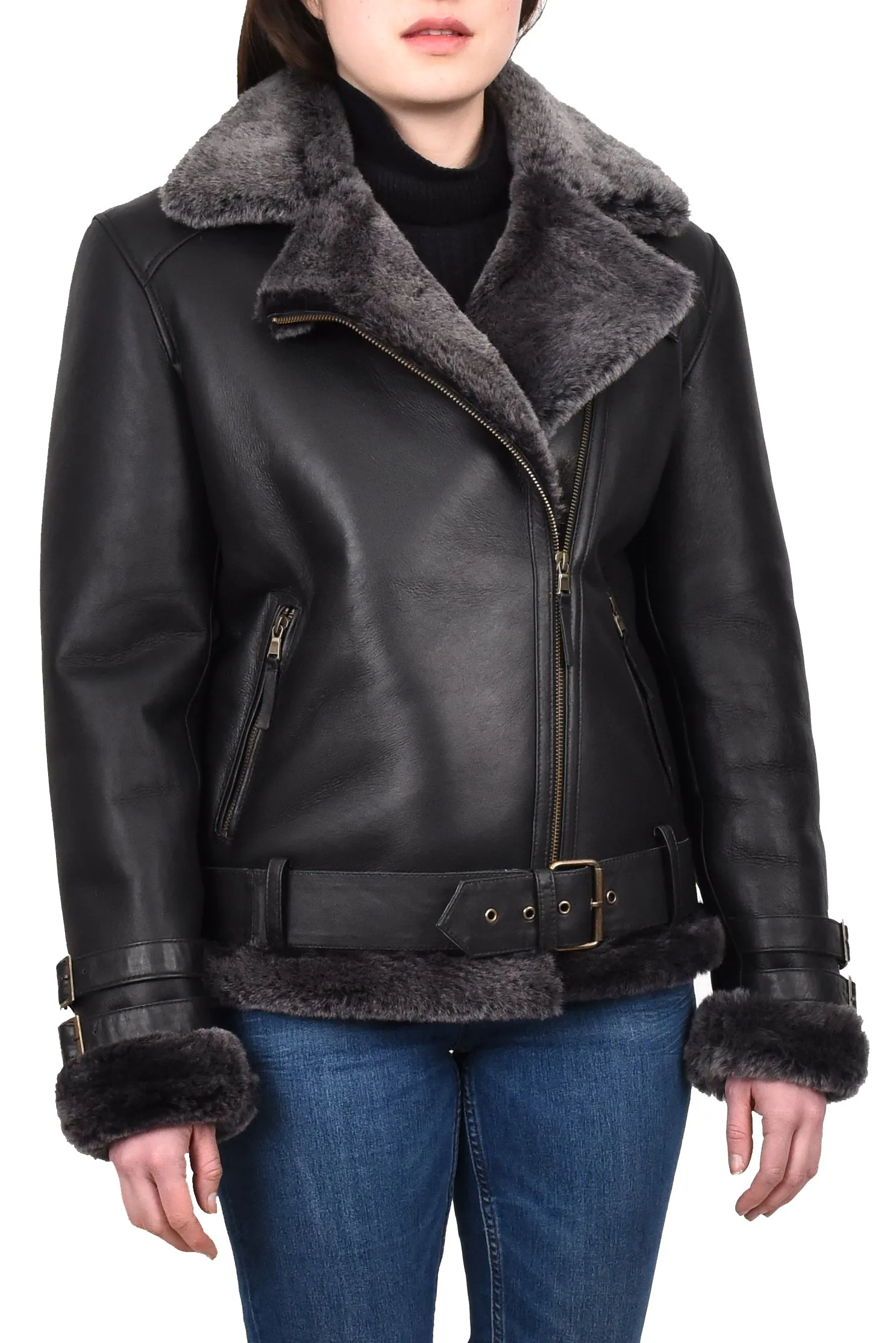 Women's Real Sheepskin Italian Classic Aviator Jacket Black Hedda