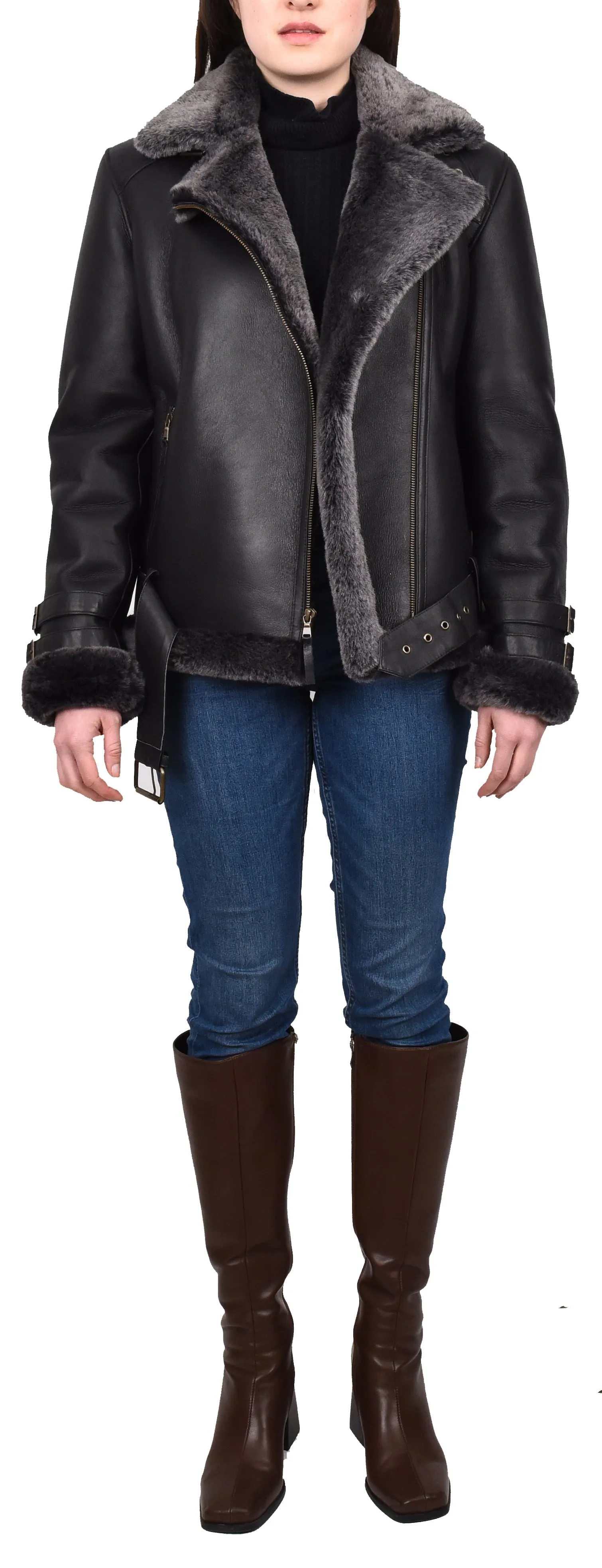 Women's Real Sheepskin Italian Classic Aviator Jacket Black Hedda
