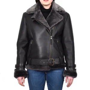 Women's Real Sheepskin Italian Classic Aviator Jacket Black Hedda