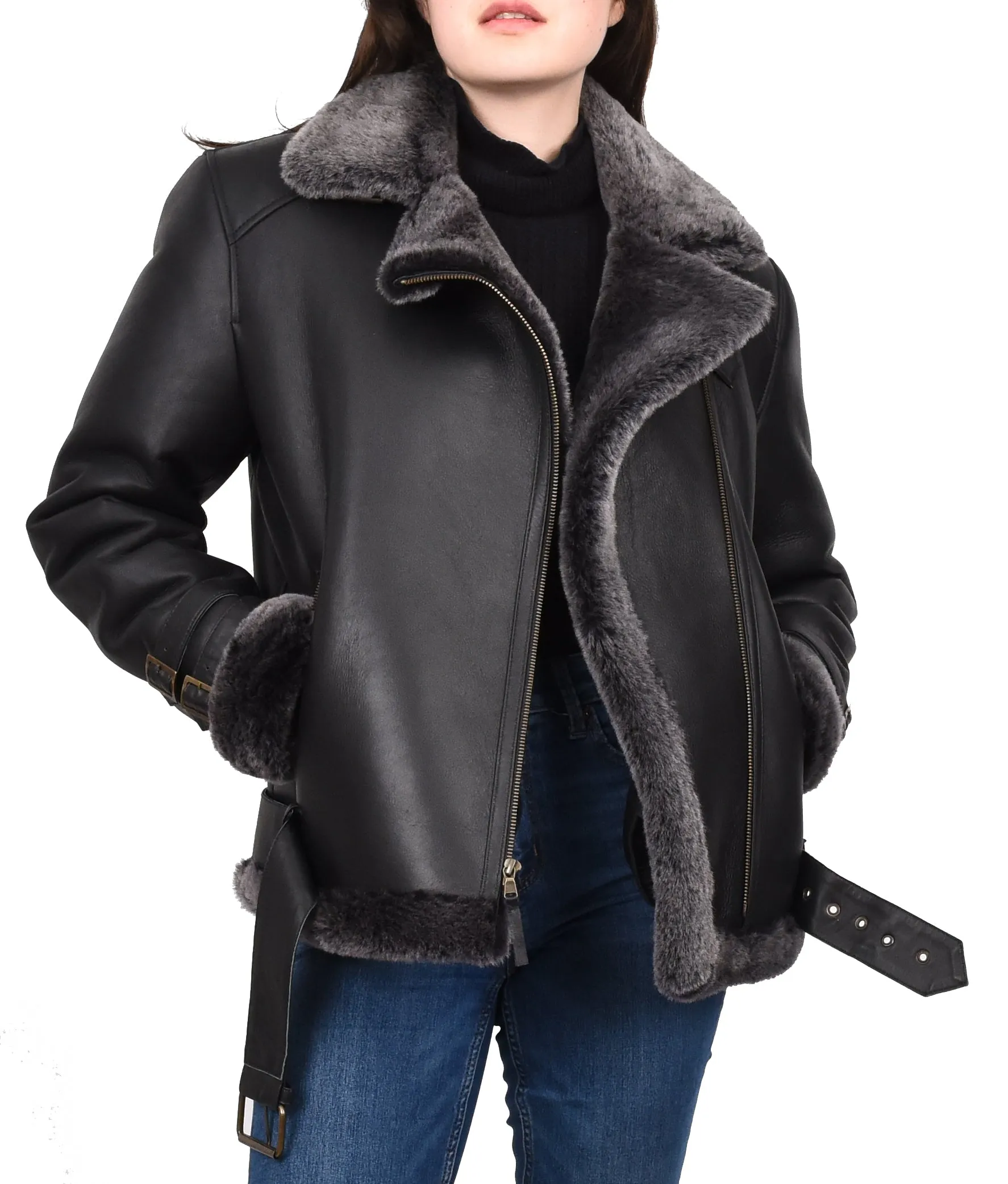 Women's Real Sheepskin Italian Classic Aviator Jacket Black Hedda