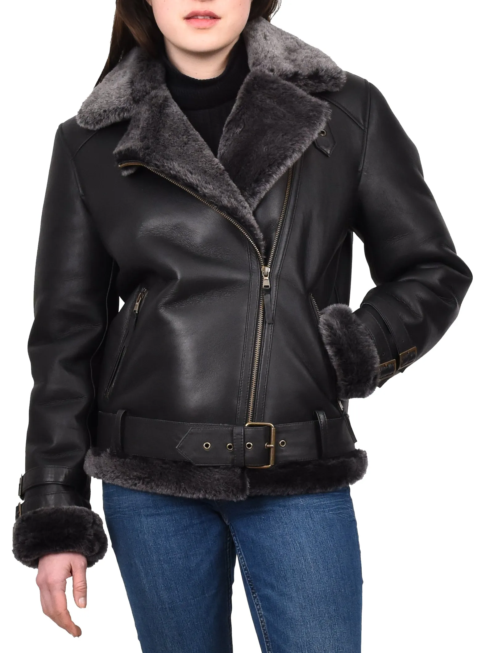 Women's Real Sheepskin Italian Classic Aviator Jacket Black Hedda