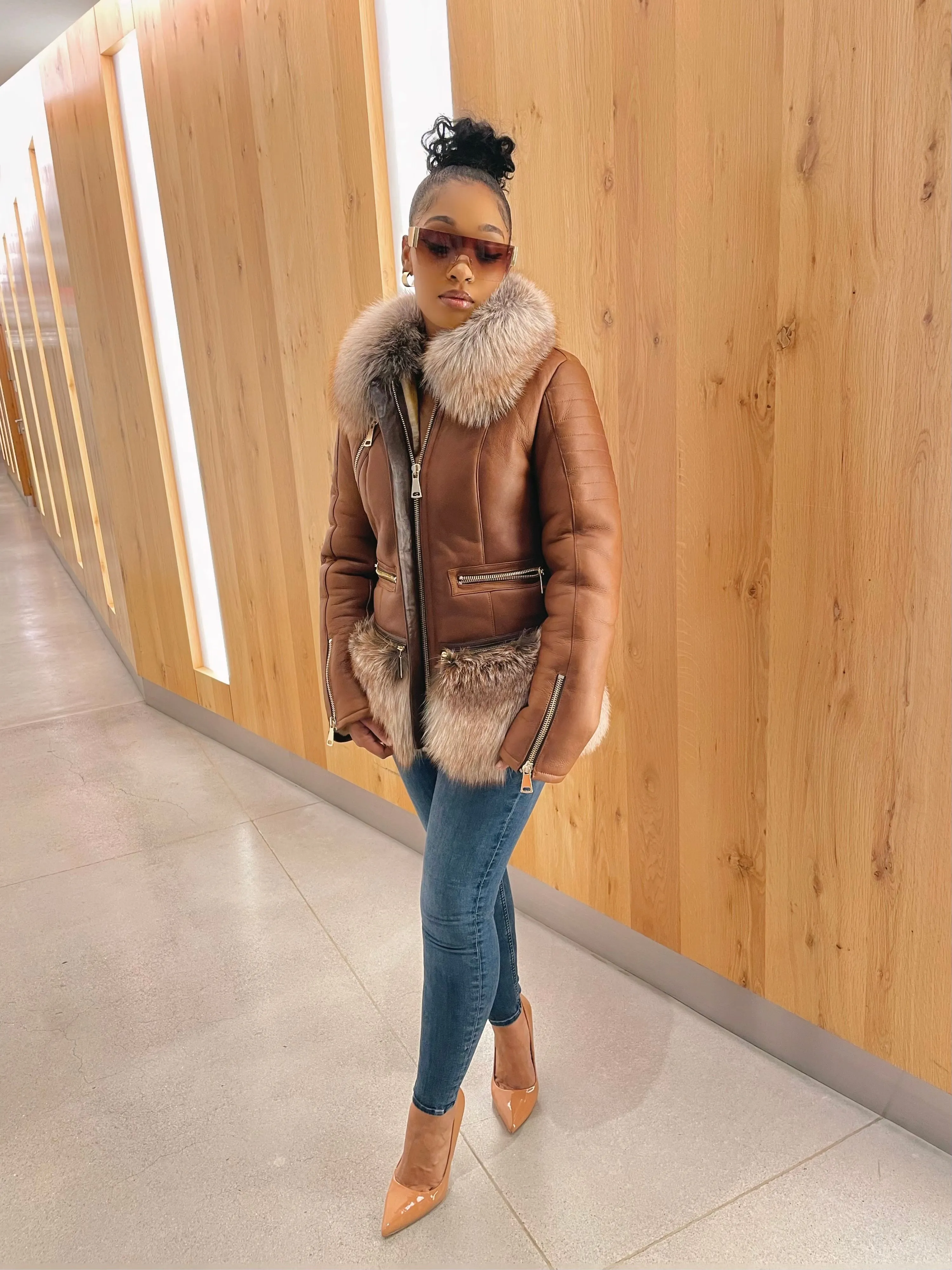 Women's Sophia Real Sheepskin Jacket With Fox [Tan]