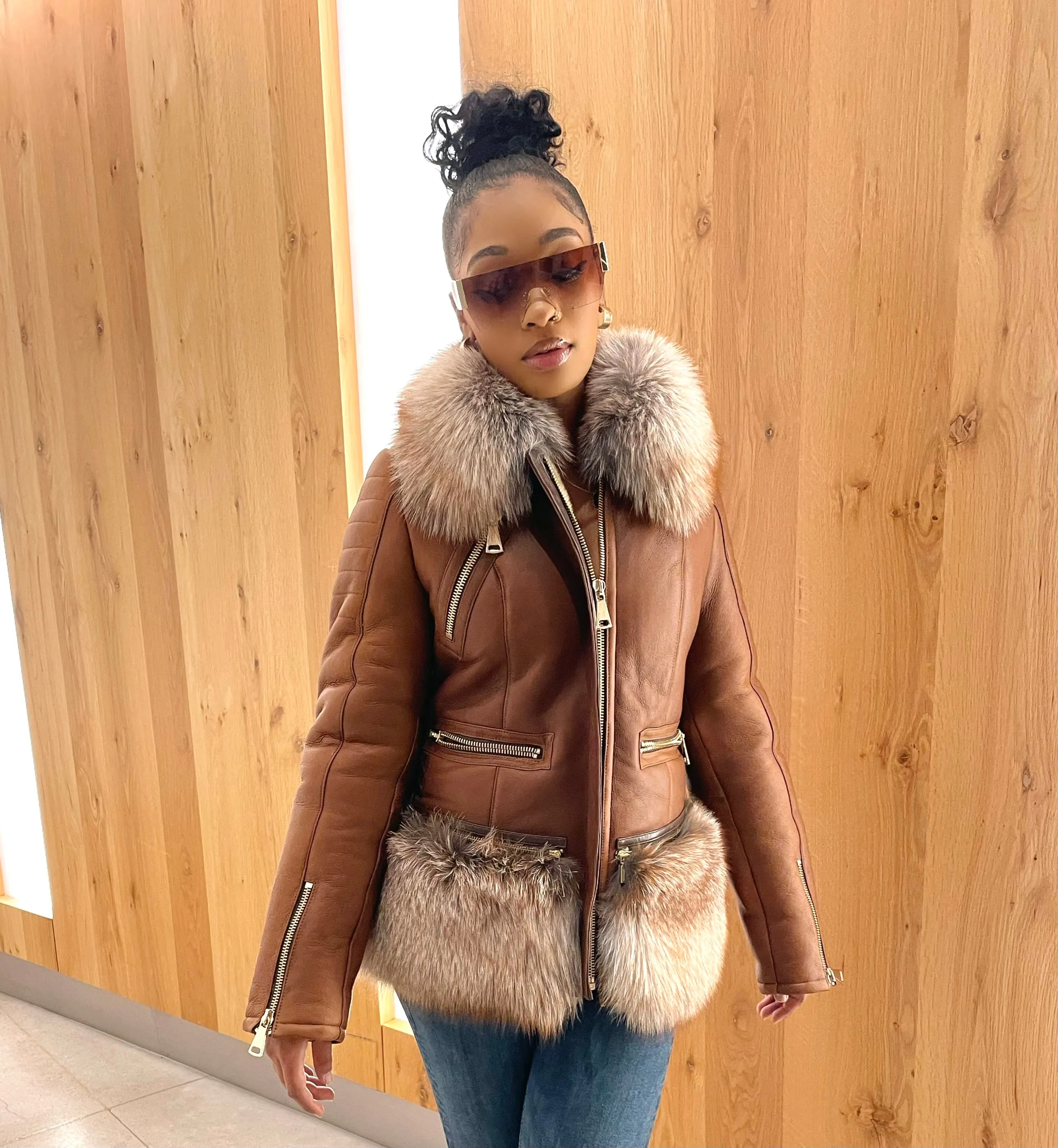 Women's Sophia Real Sheepskin Jacket With Fox [Tan]