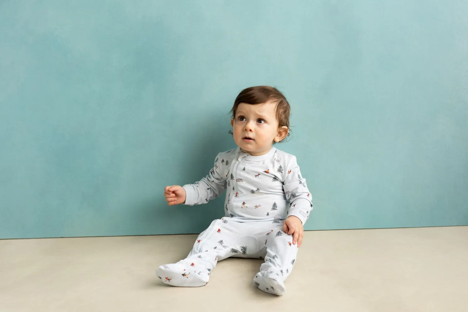 Zipper Footie, Winter on Light Blue